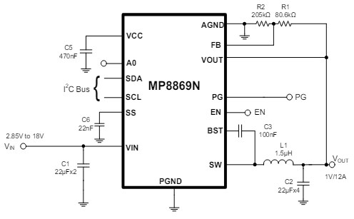 Application Circuit Diagram - Monolithic Power Systems (MPS) MP8869N Switching Voltage Regulators